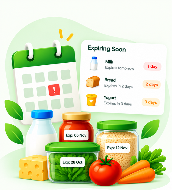 Annora expiry screen listing milk, bread and yogurt with days remaining