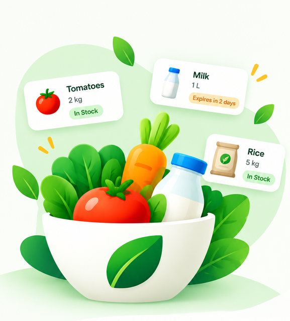 Annora home screen showing tracked groceries such as tomatoes, milk and rice